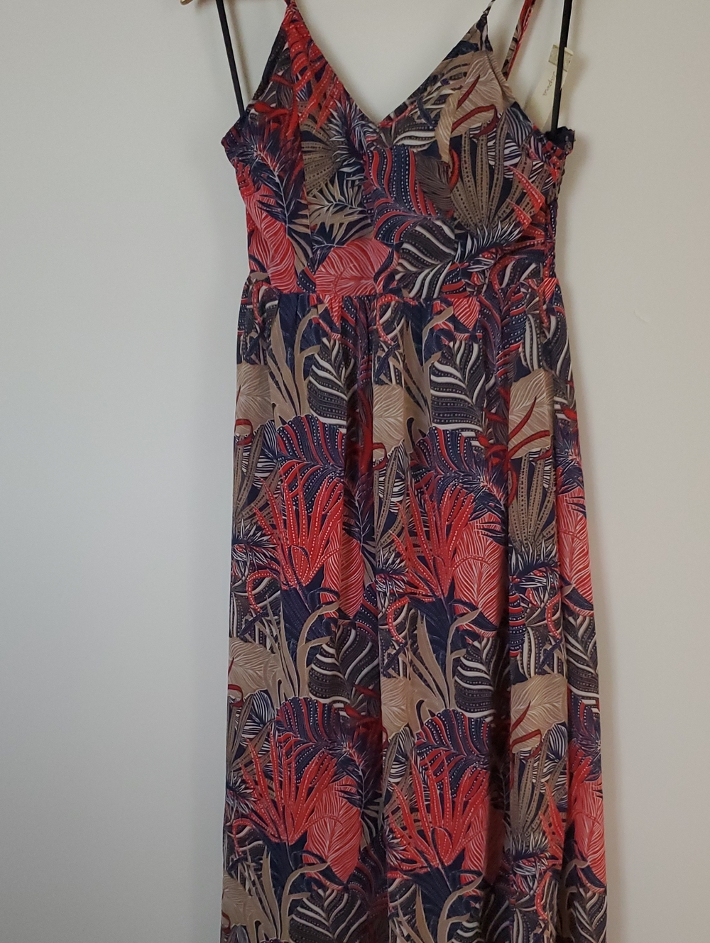 Japna Coral and Navy Tropical Print Spaghetti Strap Maxi Dress